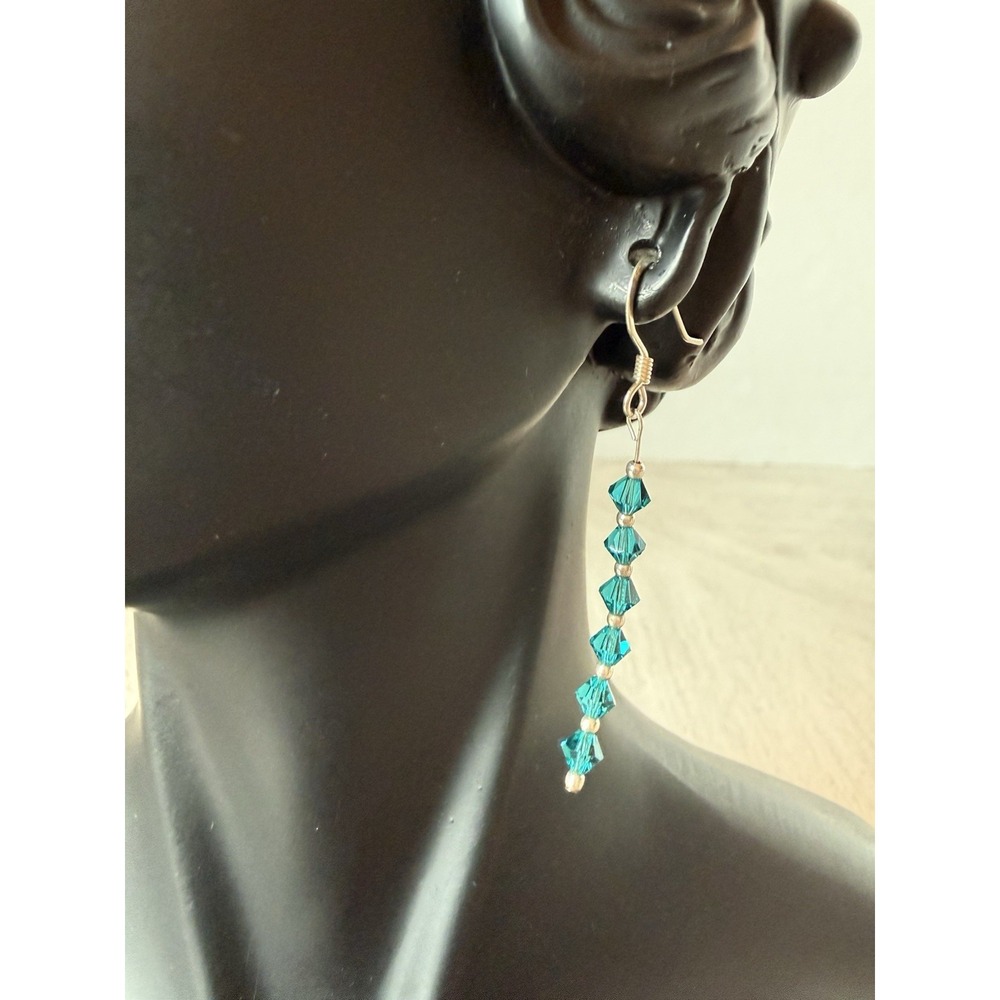Teal Crystal Silver Bead Dangle Earrings‎ Faceted Bicone 925 French Wire Hooks